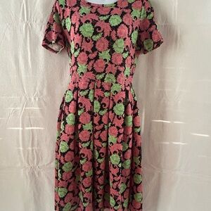 Women’s LulaRoe Amelia Dress Black Pink Green Floral Print Pockets Stretch Sz L